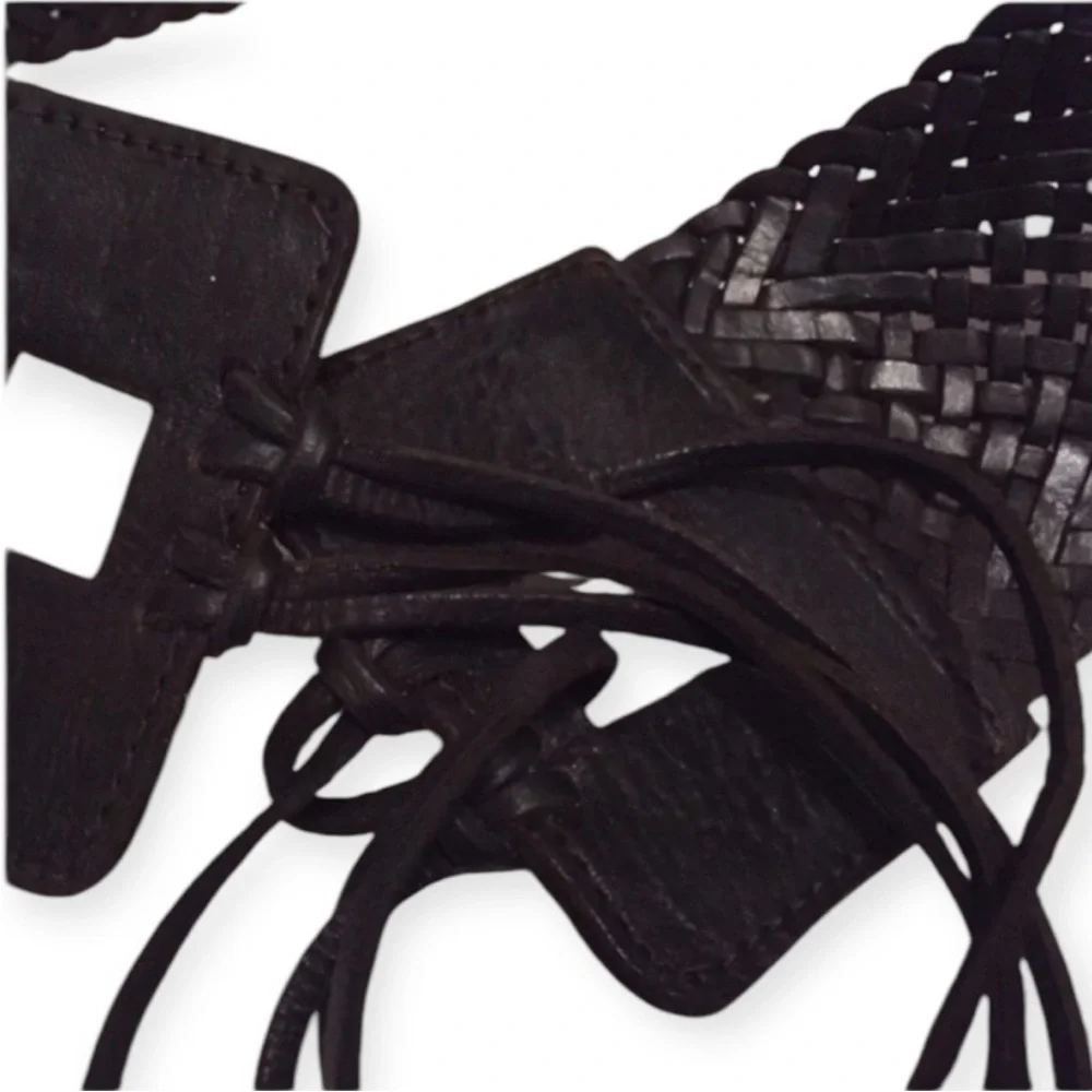 Y2K Wide Leather Woven Hip Belt W/ Fringe,‎ Black, Handmade in NYC, NEW